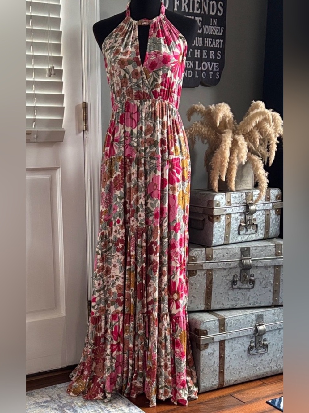 Aakaa Floral Open Back Halter Maxi Dress Pink Boho Wedding Guest Size M - Picture 3 of 12